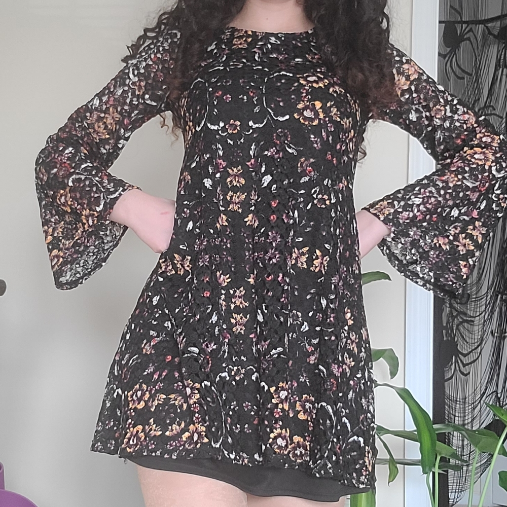 witchy black lace dress with painted florals